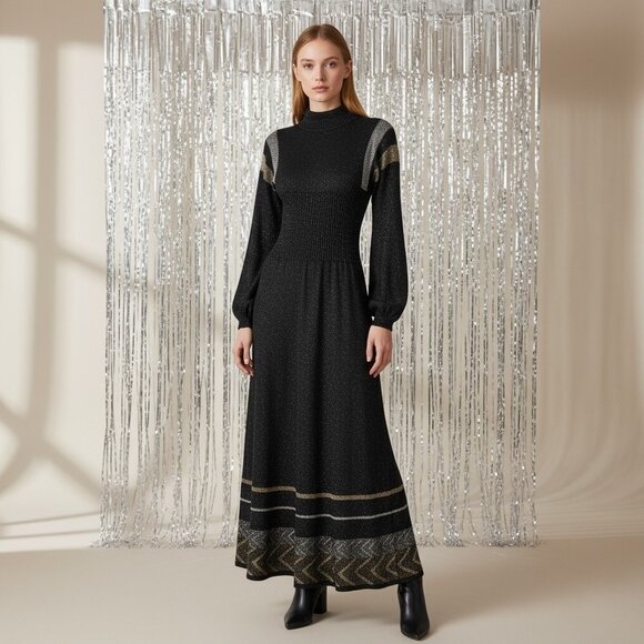 Vintage 70's Wenjilli Black Metallic Knit Maxi Sweater Dress Size 5/6 - Picture 10 of 10